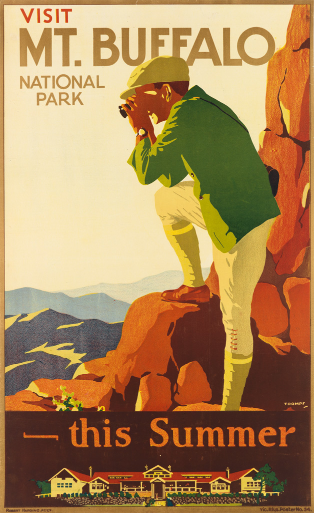 PERCIVAL (PERCY) ALBERT TROMPF (1902-1964). VISIT MT. BUFFALO NATIONAL PARK / THIS SUMMER. Circa 1920s. 39x24 inches, 101x62 cm. Robert